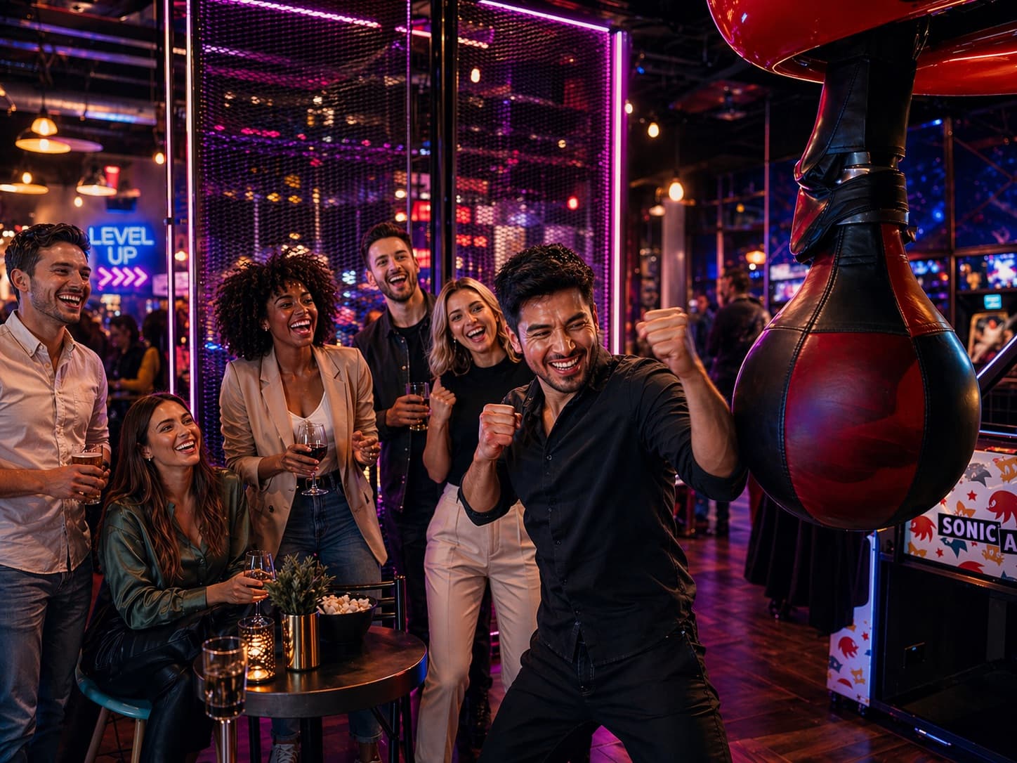 Équipe en afterwork sur les bornes arcade